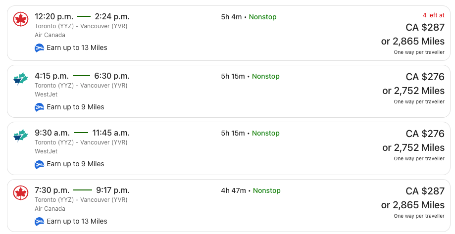 Toronto to Vancouver flight search on AIR MILES Expedia portal