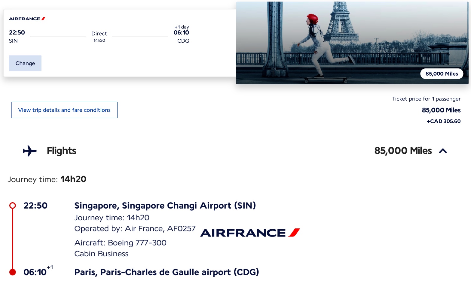 Flying Blue award search showing Singapore to Paris in business class for 85,000 miles