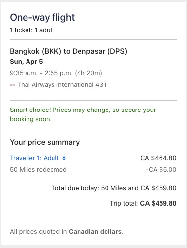 AIR MILES Expedia flight checkout showing miles redemption