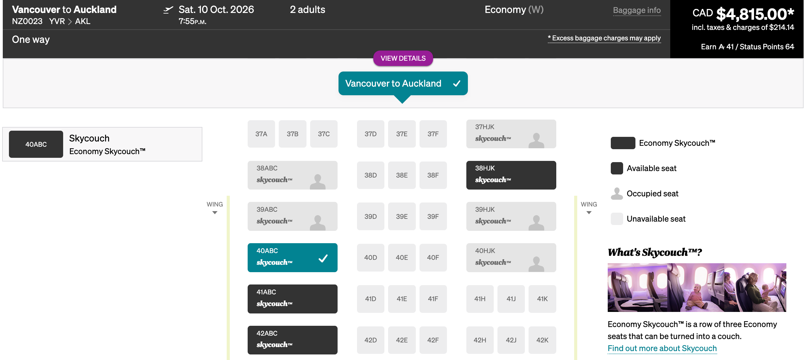 Air New Zealand seat map showing two passengers in Skycouch row at CAD 4815