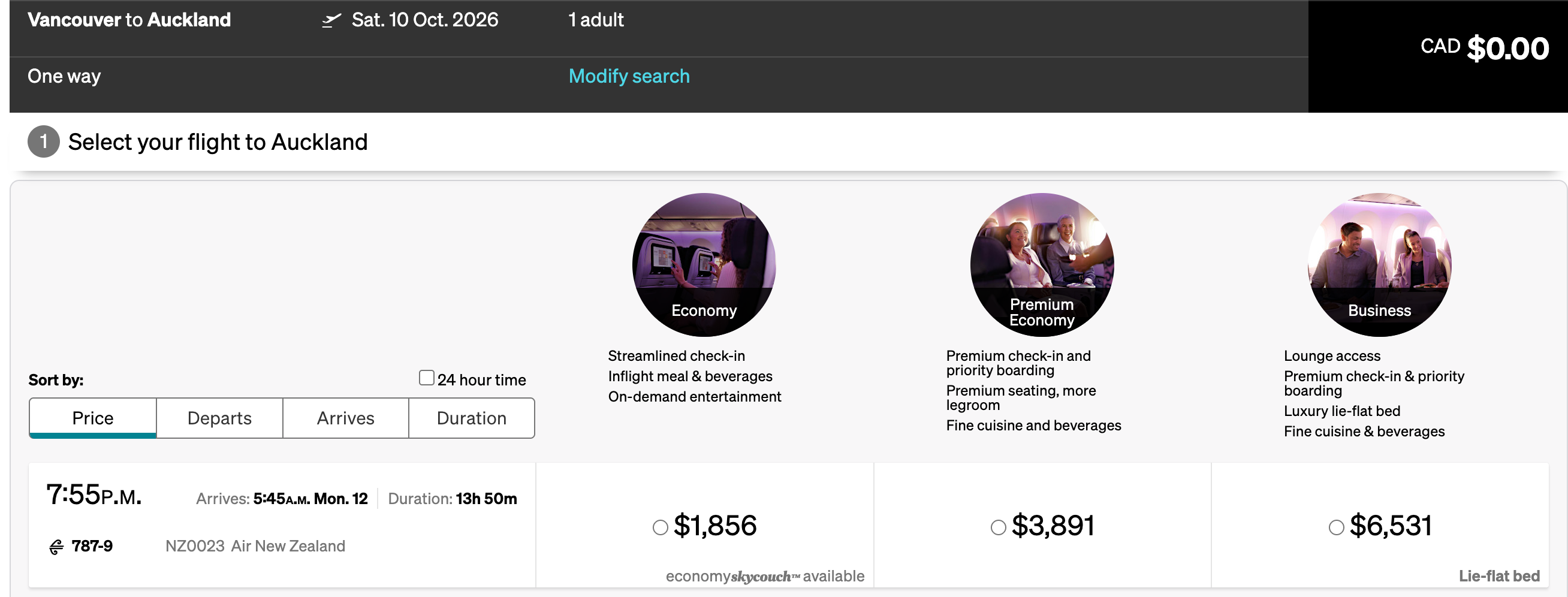 Air New Zealand Vancouver to Auckland fare comparison showing Economy, Premium Economy, and Business class pricing