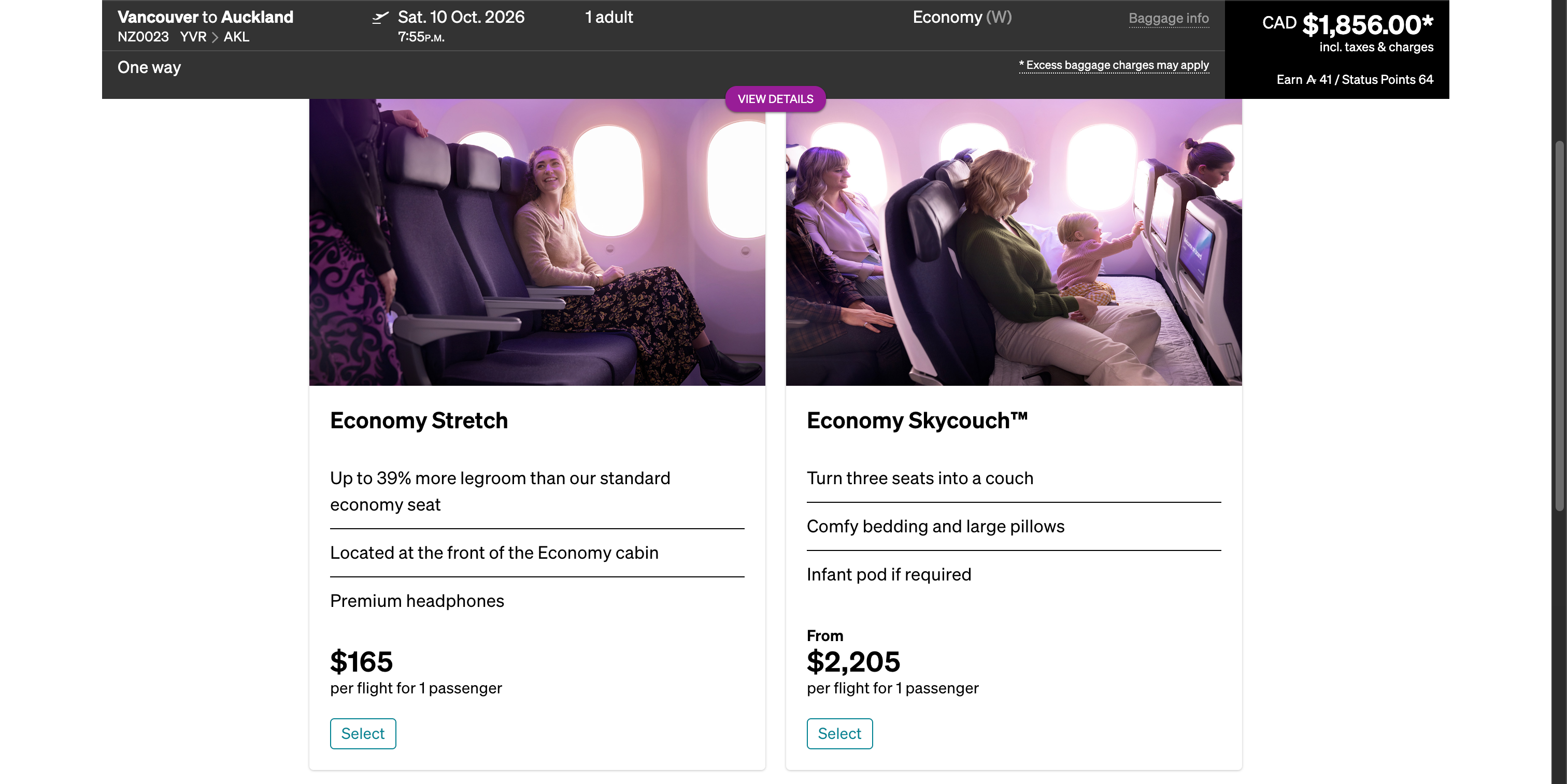 Air New Zealand Economy Stretch and Skycouch upgrade options with pricing