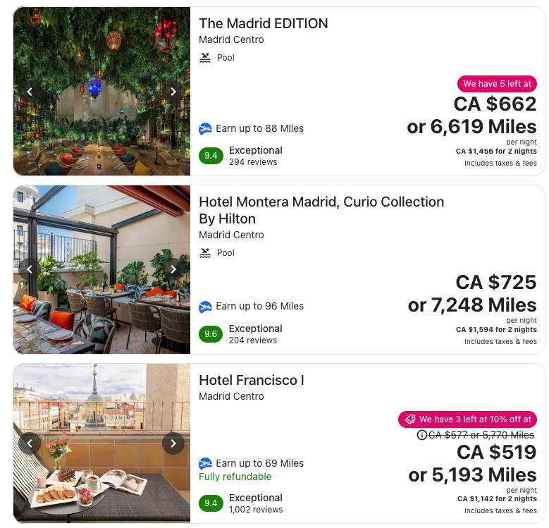 Hotel search results on AIR MILES Expedia portal
