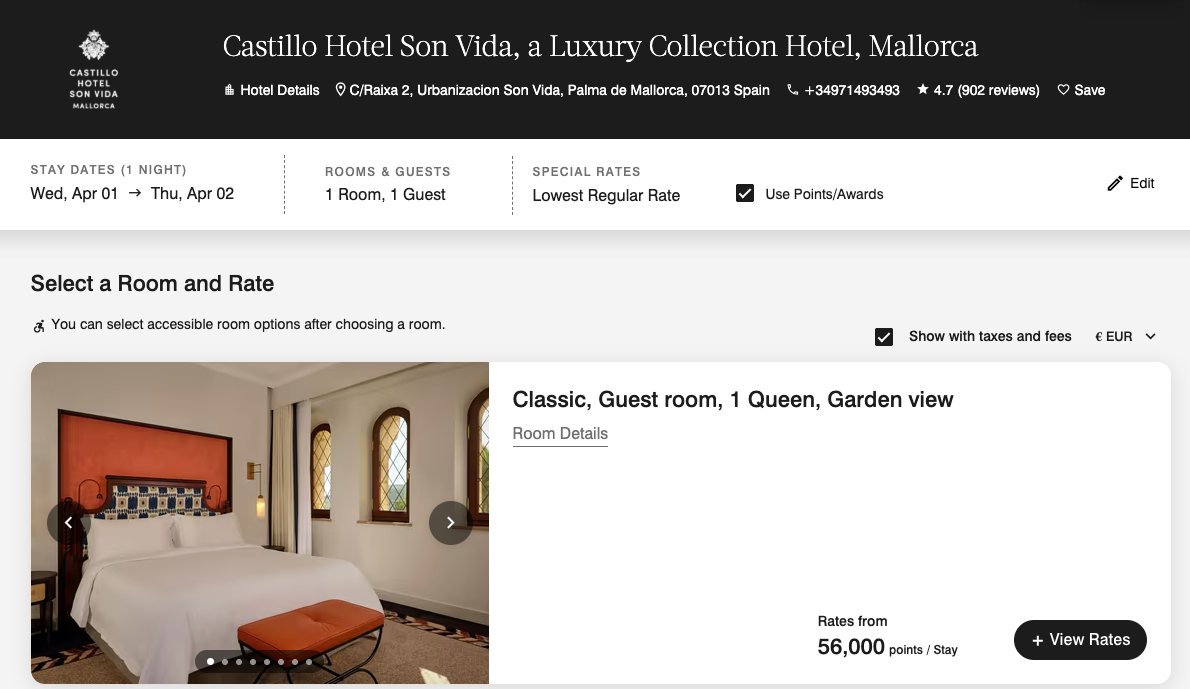 Castillo Hotel Son Vida redemption pricing on Marriott.com