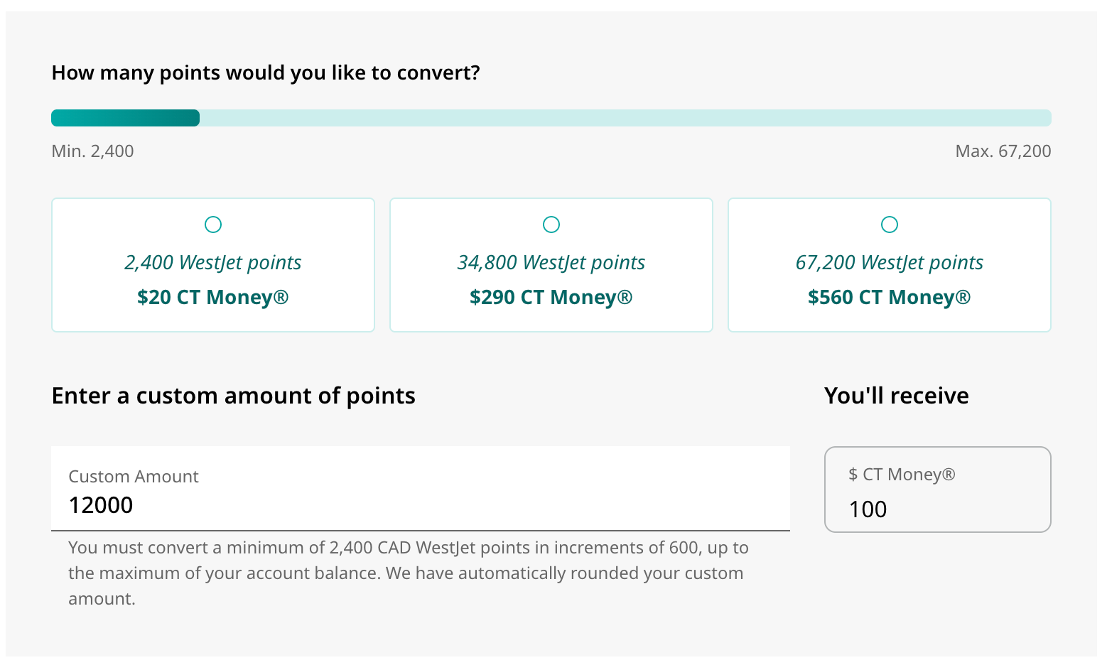 WestJet points to Canadian Tire Money conversion interface showing 120 points per dollar ratio