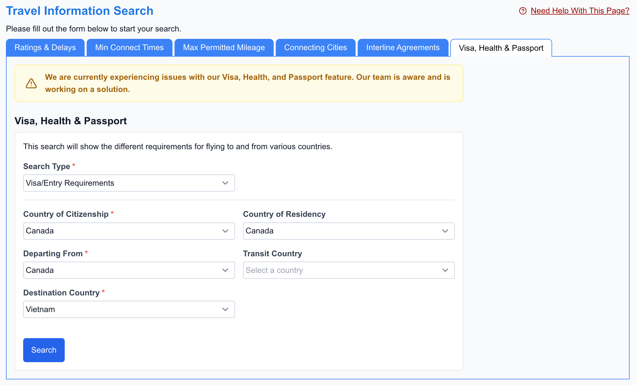 ExpertFlyer visa and passport requirement checker