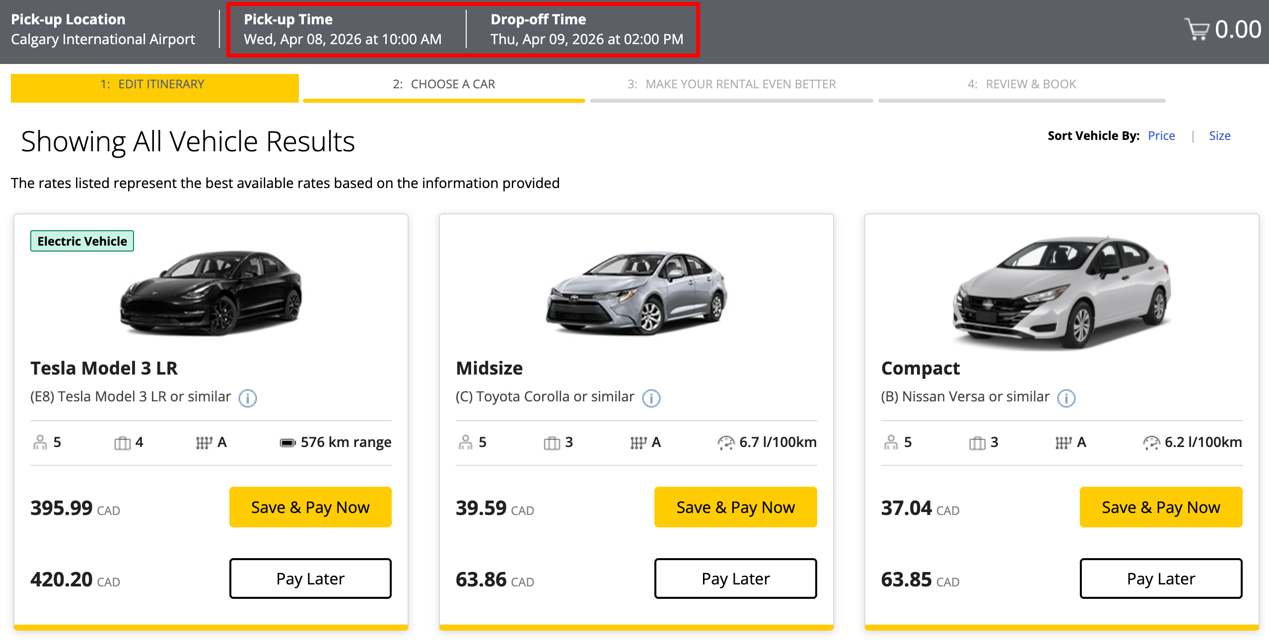 Hertz Amex Platinum rate for a 24-hour midsize rental at Calgary International Airport