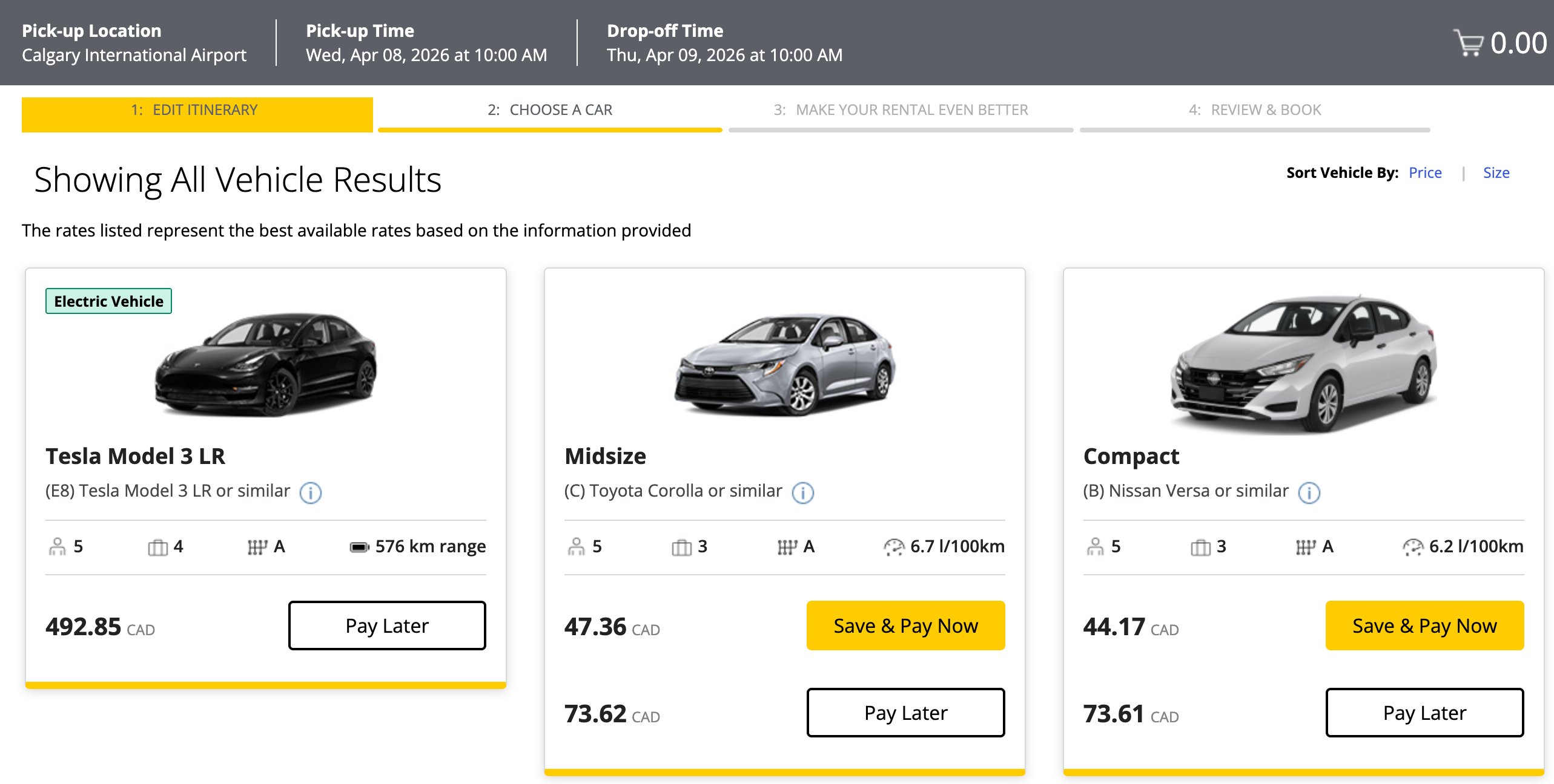 Hertz standard car rental rates at Calgary International Airport without discount