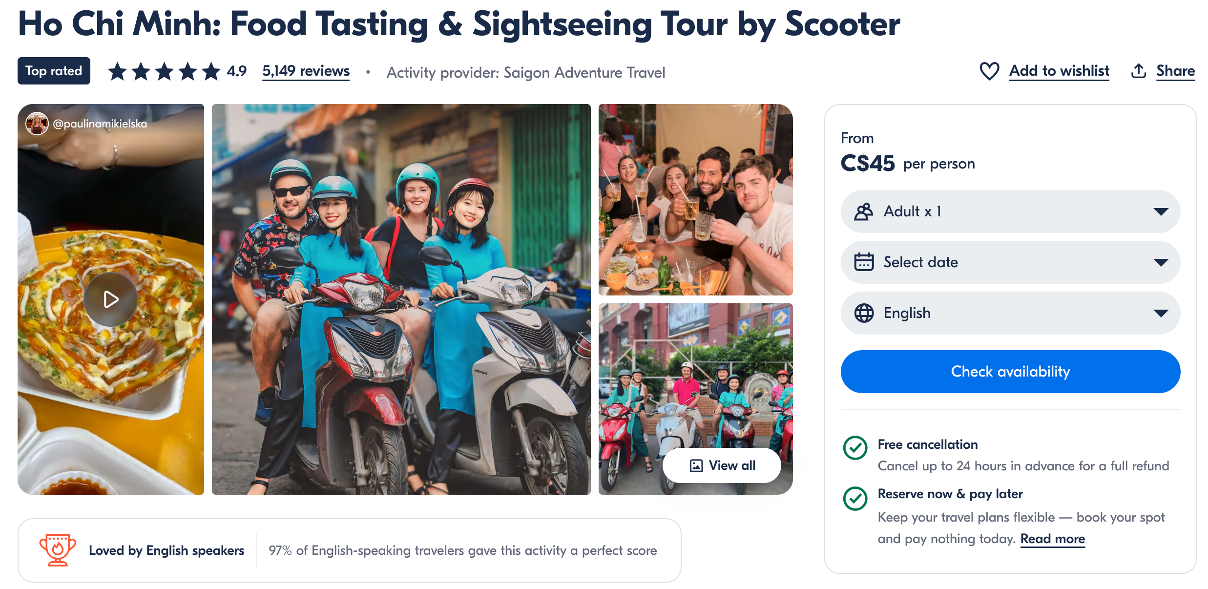 GetYourGuide listing for Saigon Food Tasting and Sightseeing By Motorbike tour