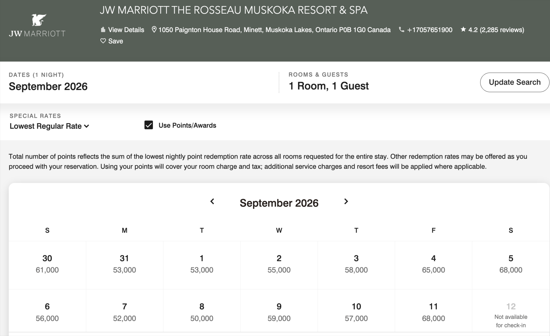 JW Marriott Muskoka points rate