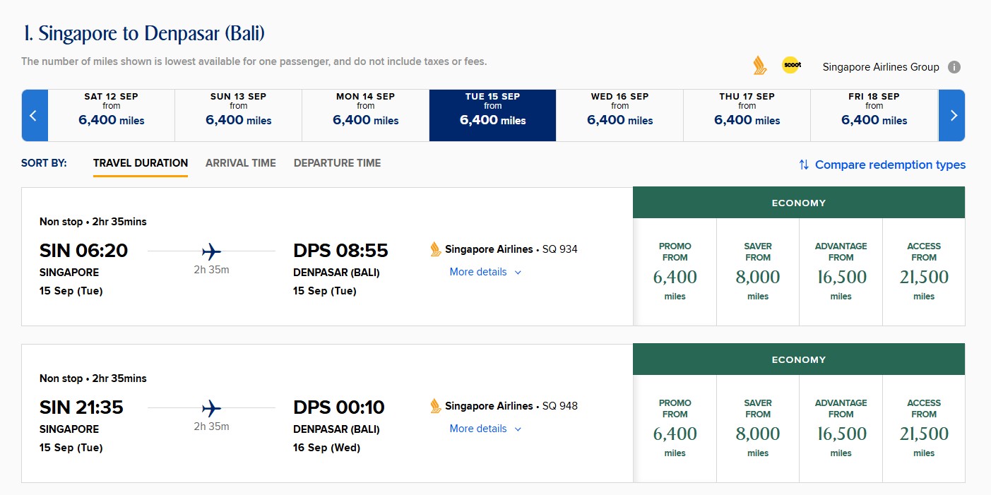 KrisFlyer Global Redemption Sale search results showing Singapore to Bali