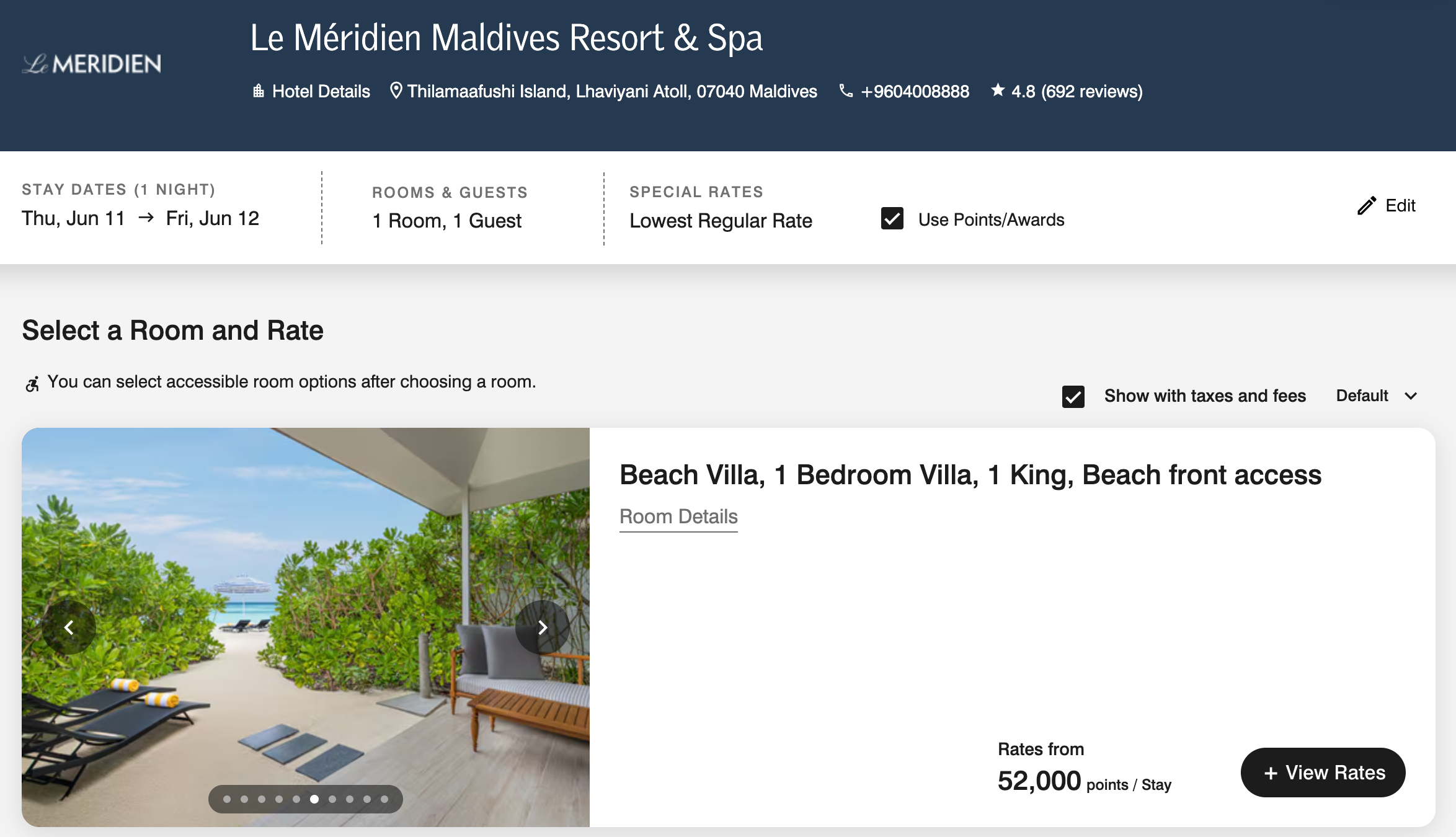 Le Méridien Maldives redemption pricing at 52,000 points on Marriott.com