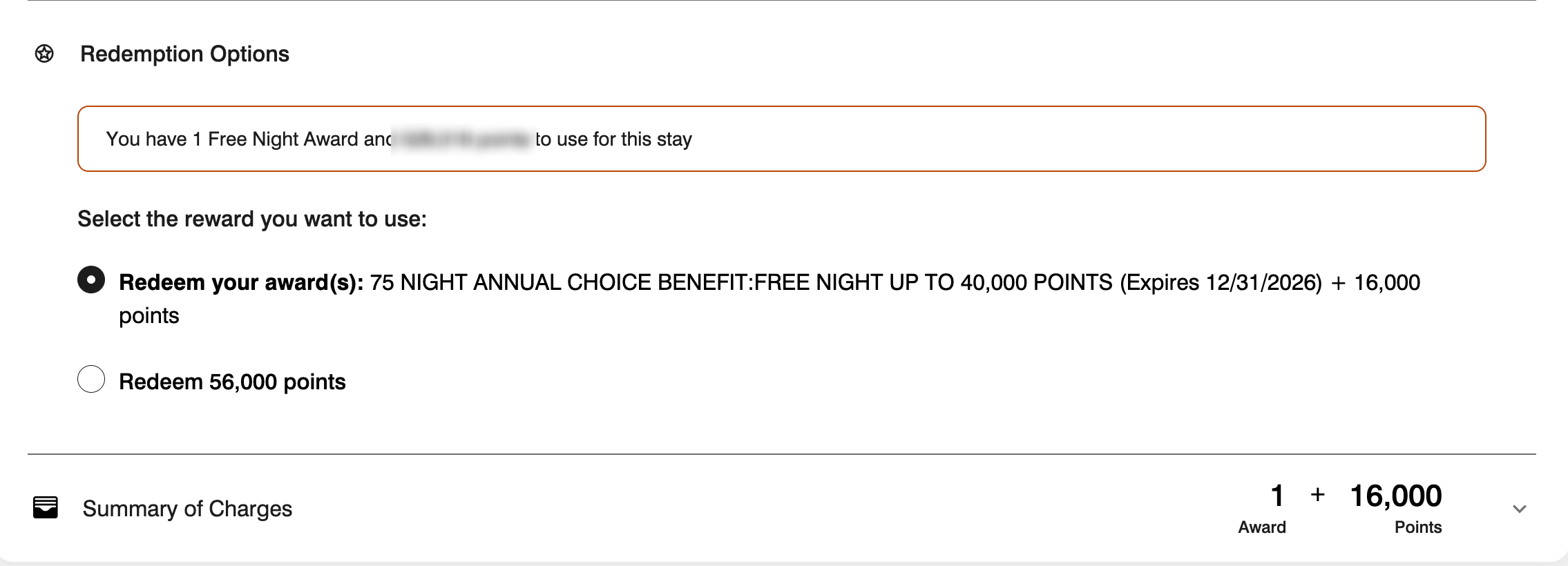 Marriott Bonvoy Free Night Award top-up example showing certificate applied with additional points