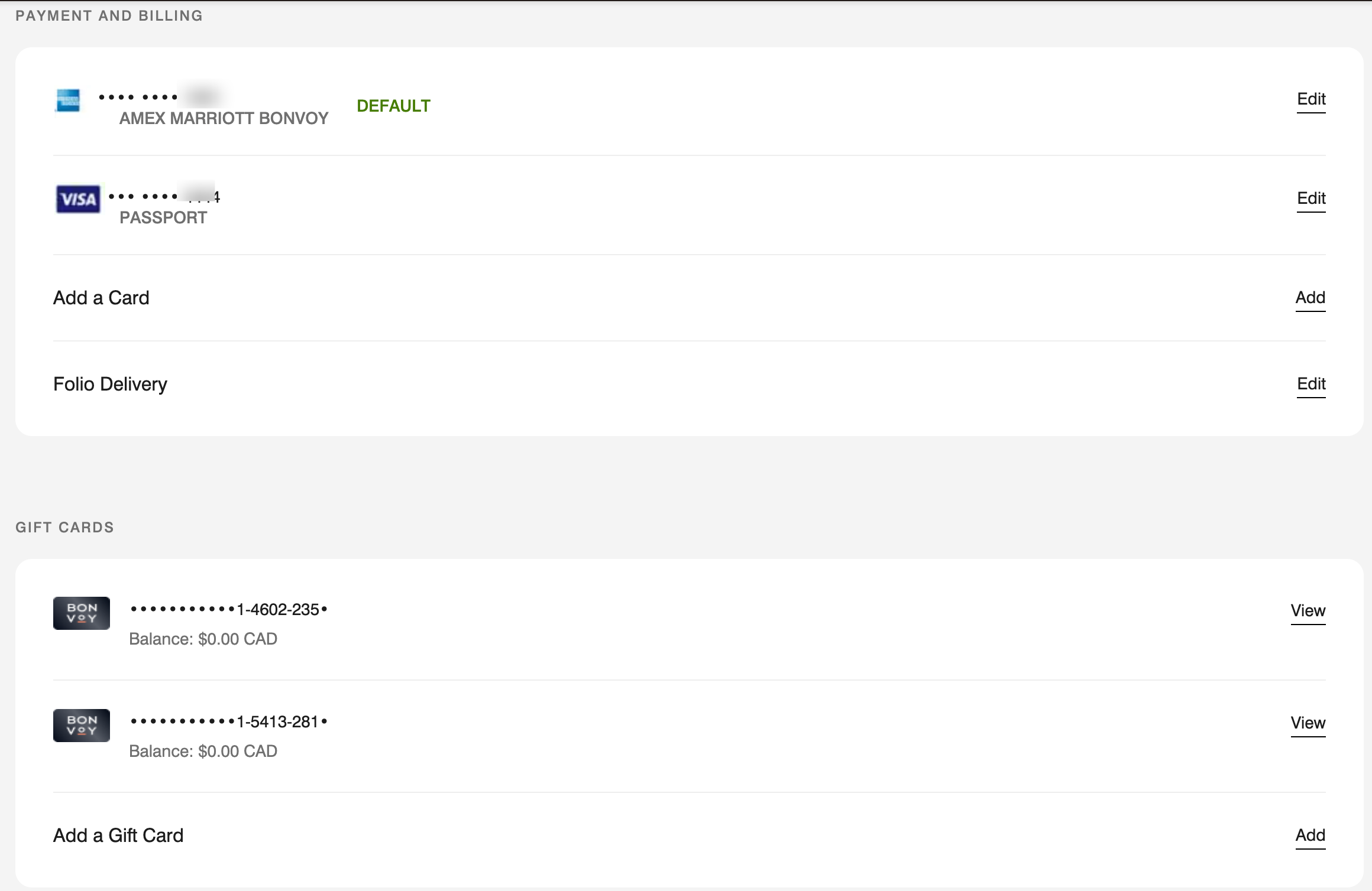 Marriott gift card section under Bonvoy account in the app