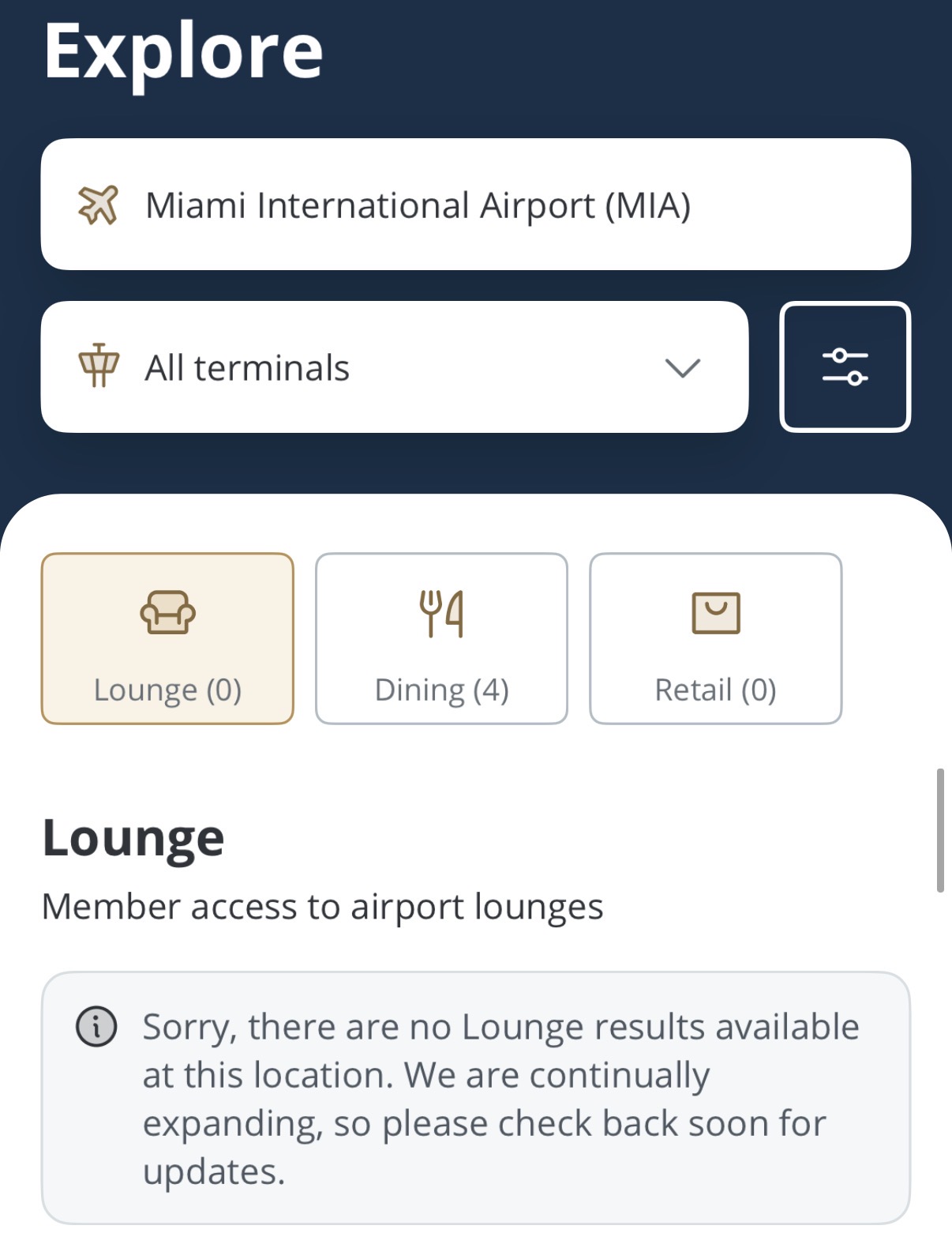 DragonPass app showing no lounge options at Miami MIA airport