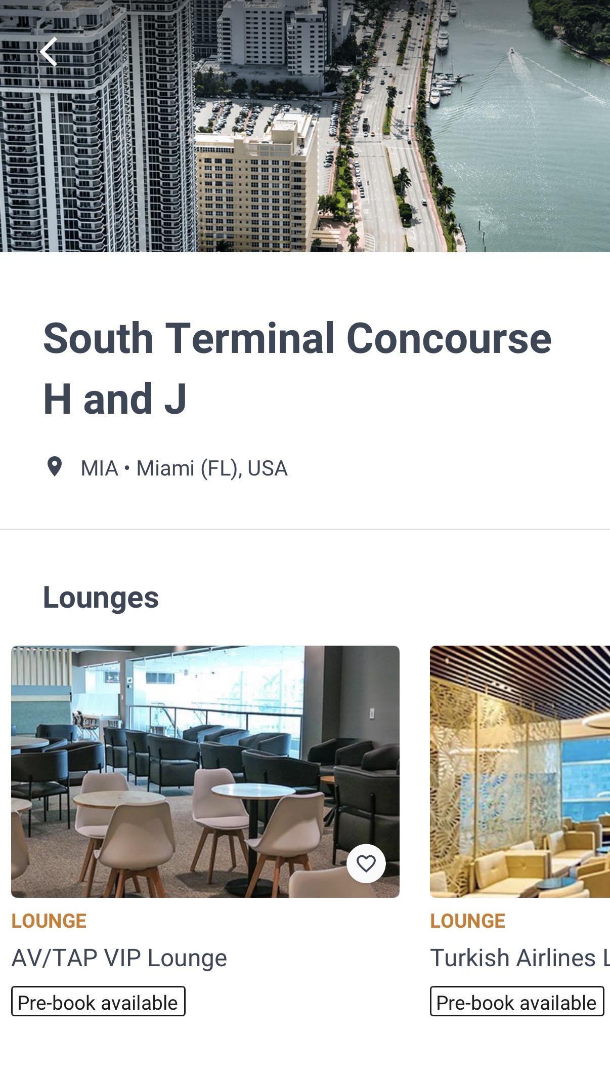 Priority Pass app showing lounge options at Miami MIA airport