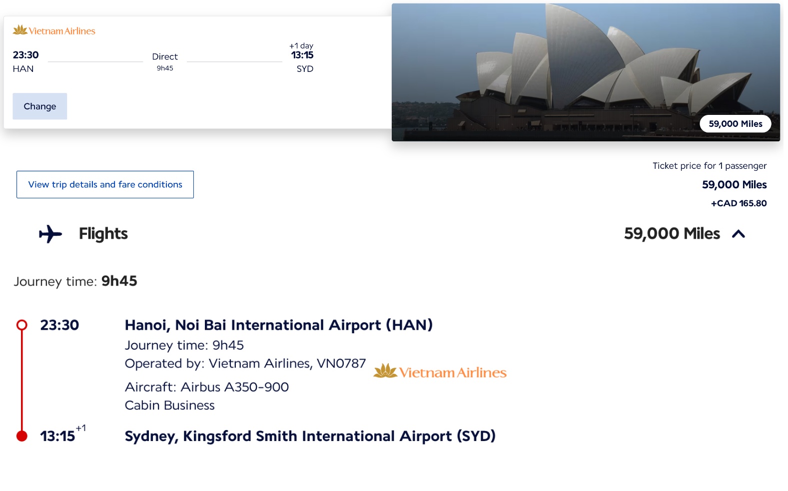 Flying Blue award search showing Hanoi to Sydney on Vietnam Airlines in business class for 59,000 miles
