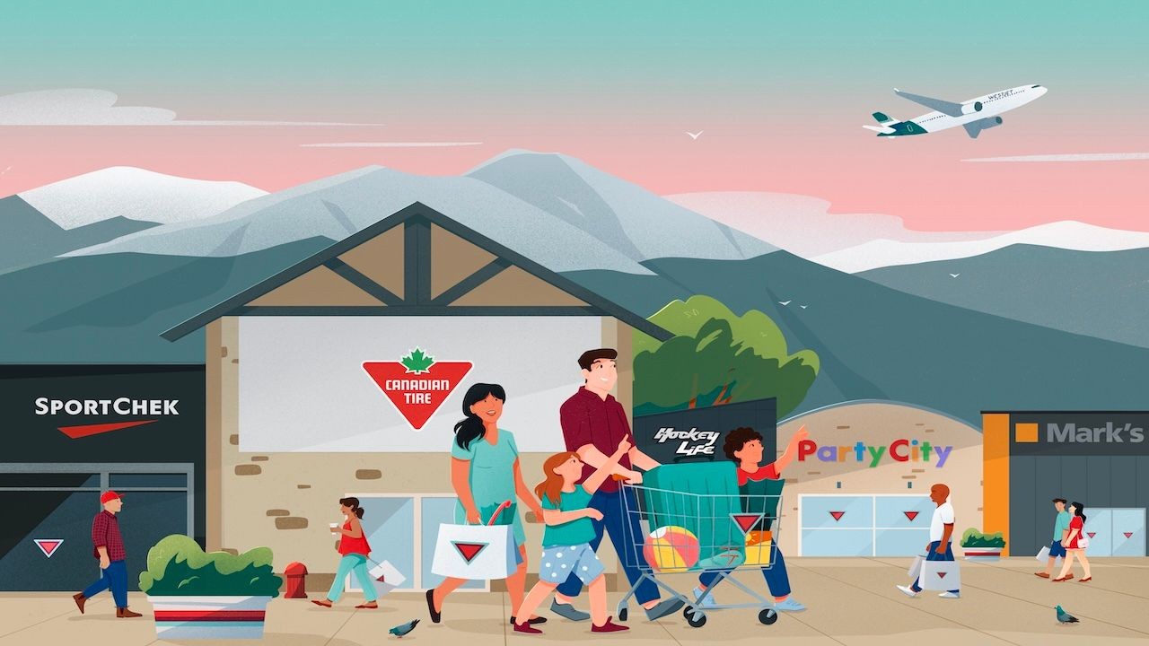 Canadian Tire and WestJet loyalty partnership illustration showing a family shopping with a WestJet plane overhead