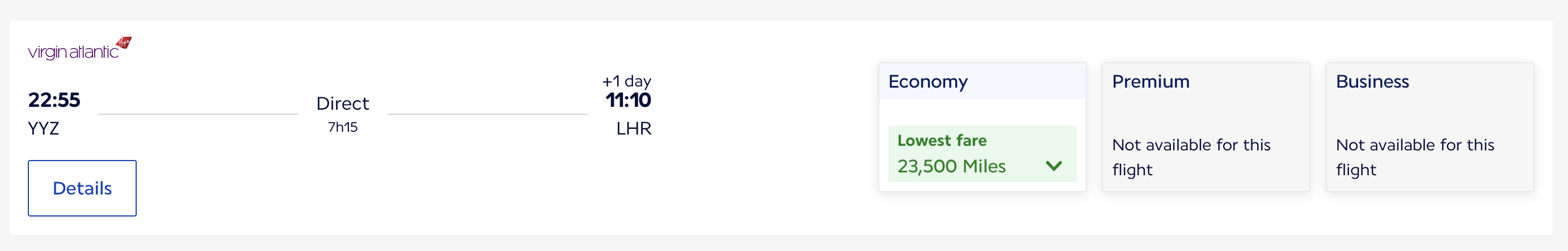 Flying Blue award search showing Toronto to London Heathrow for 23,500 miles