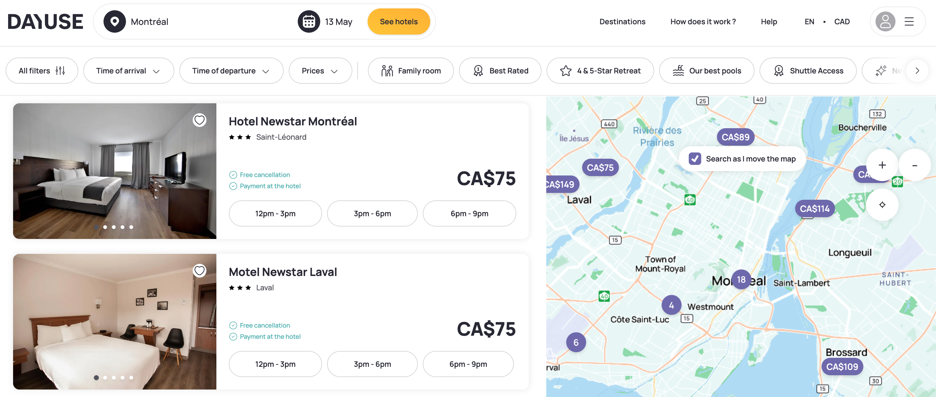 DayUse.com Montreal search results showing day-use rates from CA$75 with three-hour booking windows