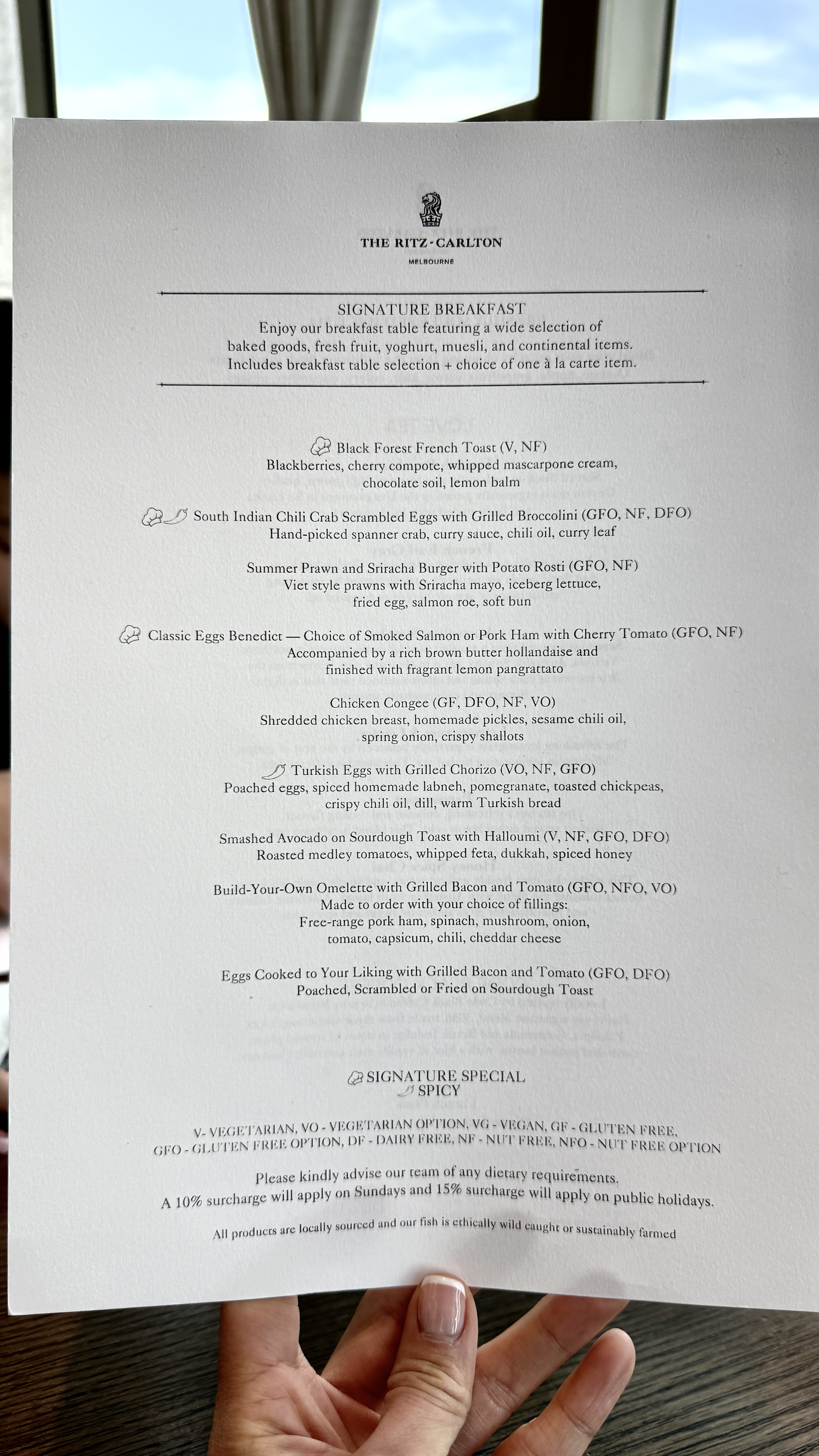 The Ritz-Carlton Melbourne Breakfast Menu at Atria