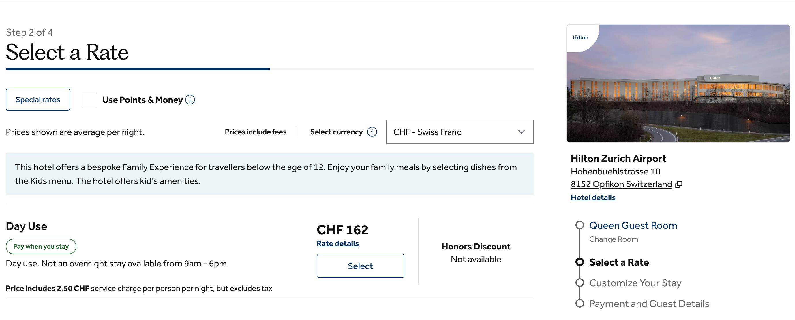 Hilton Zurich Airport day-use rate of CHF 162 in the hilton.com booking flow