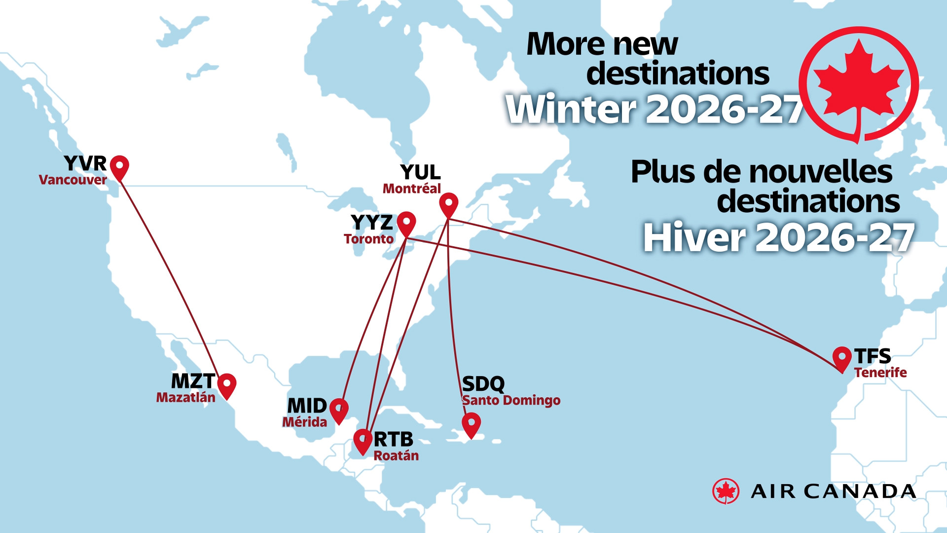 Air Canada new winter 2026-27 route map