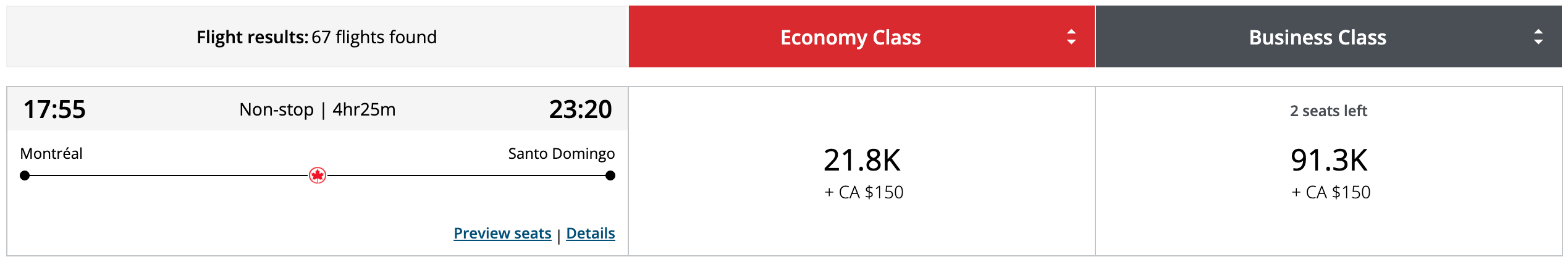 Aeroplan booking screenshot Montreal to Santo Domingo
