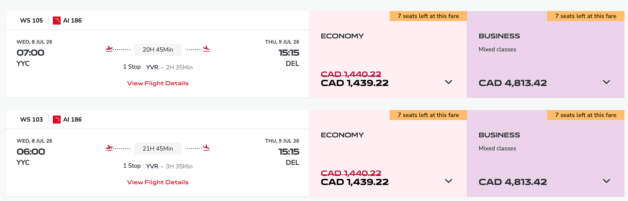 Air India website search results showing WestJet and Air India interline itineraries from Calgary to Delhi via Vancouver