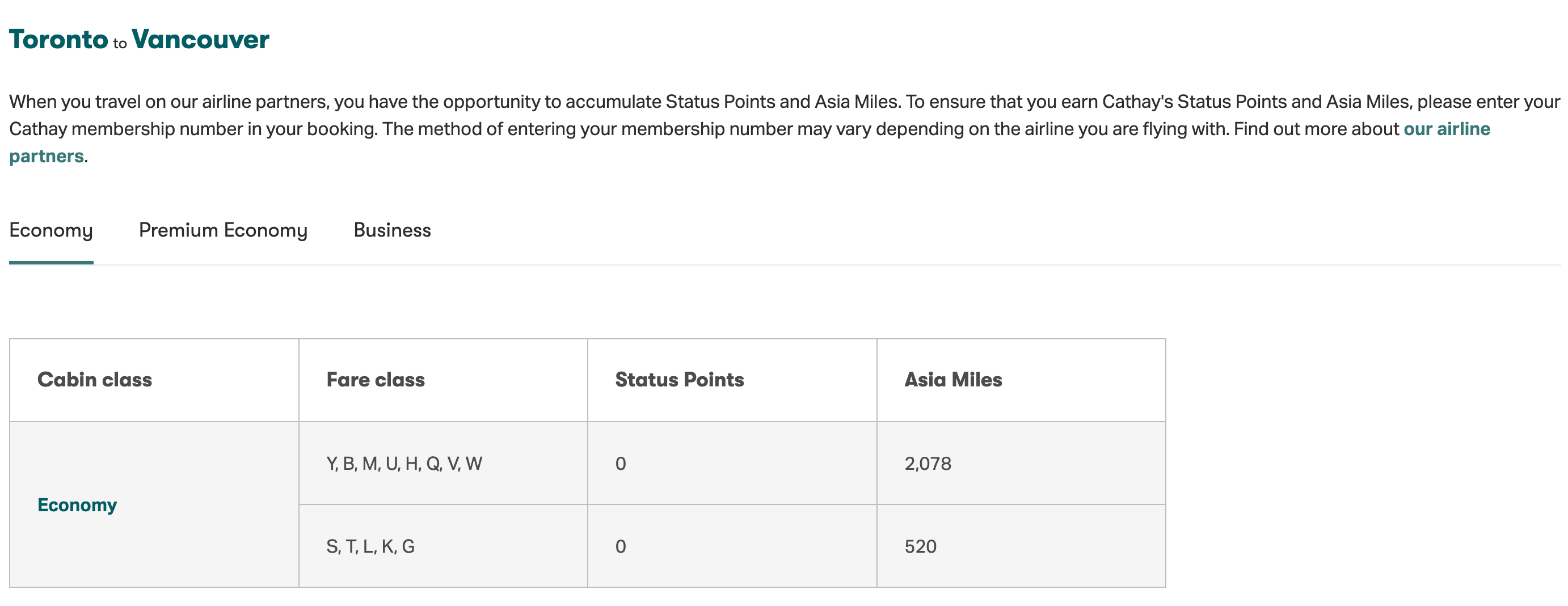 Asia Miles earning rate on Air Canada Toronto to Vancouver