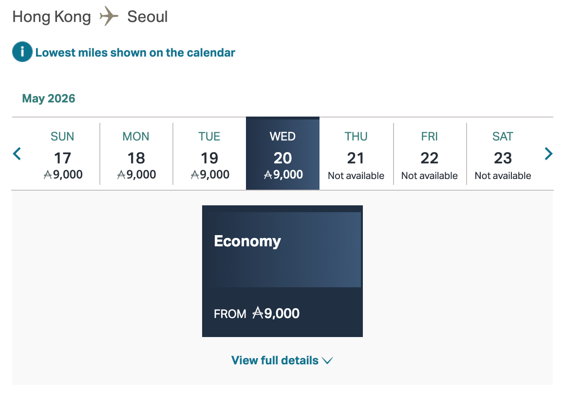 Asia Miles Hong Kong to Seoul award search showing 9000 miles