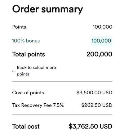 Atmos Rewards buy points order summary showing 100,000 points plus a 100,000-point bonus for $3,762.50 USD including the tax recovery fee