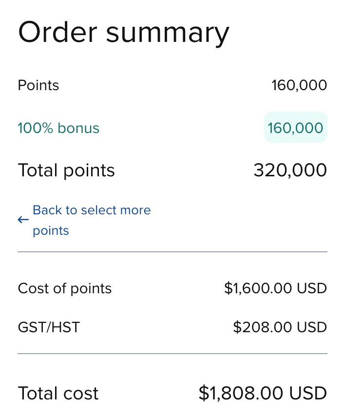 Hilton Honors buy points checkout with Canadian HST