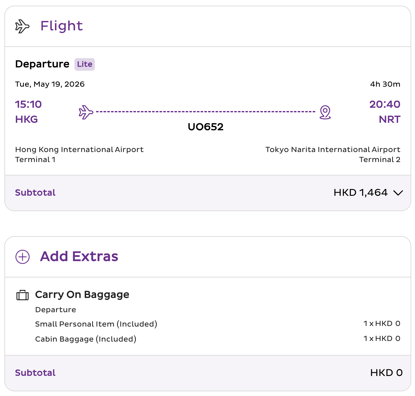 HK Express Hong Kong to Tokyo Narita cash fare showing HKD 1464