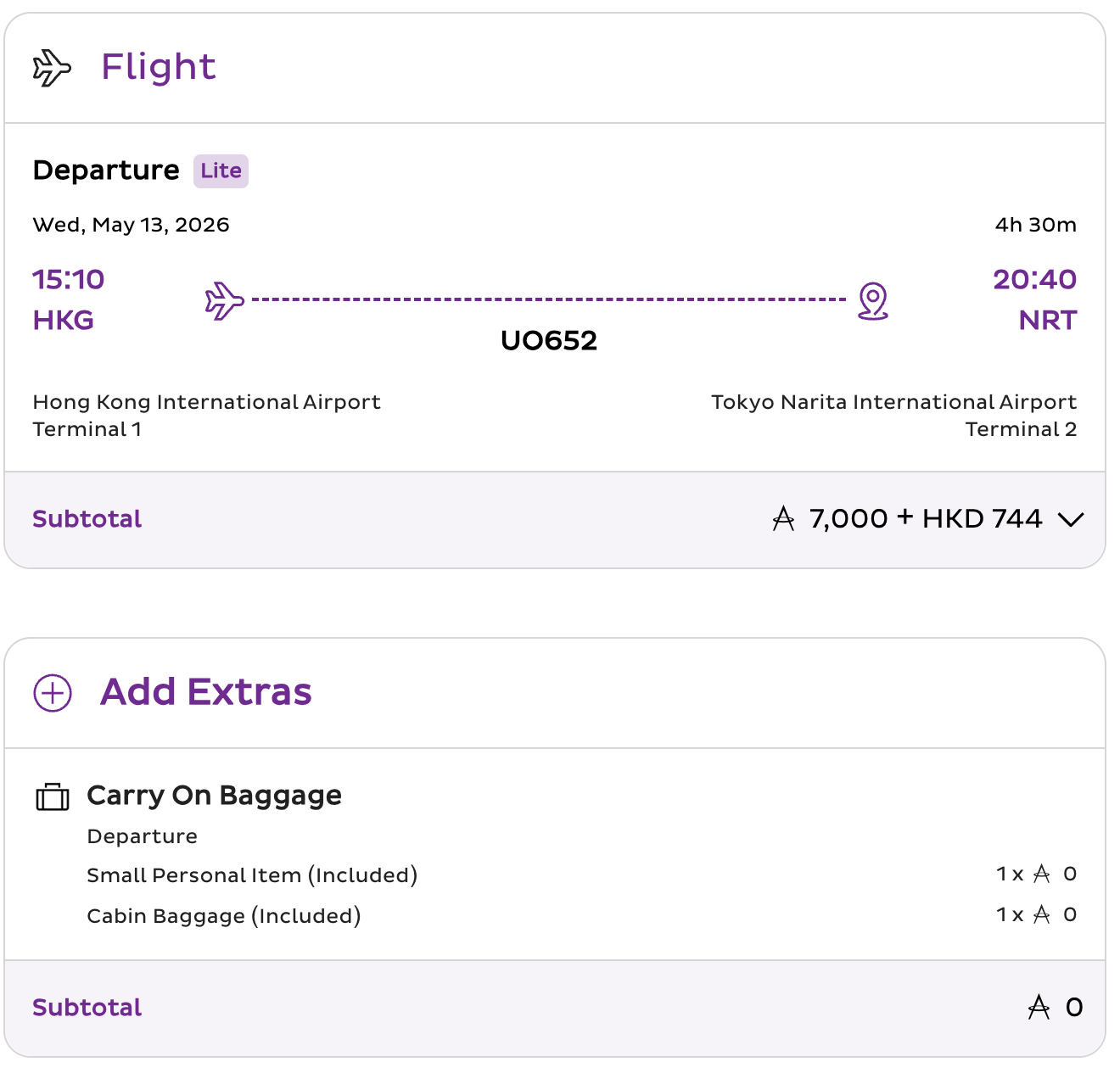 HK Express Hong Kong to Tokyo Narita redemption pricing showing 7000 Asia Miles plus HKD 744