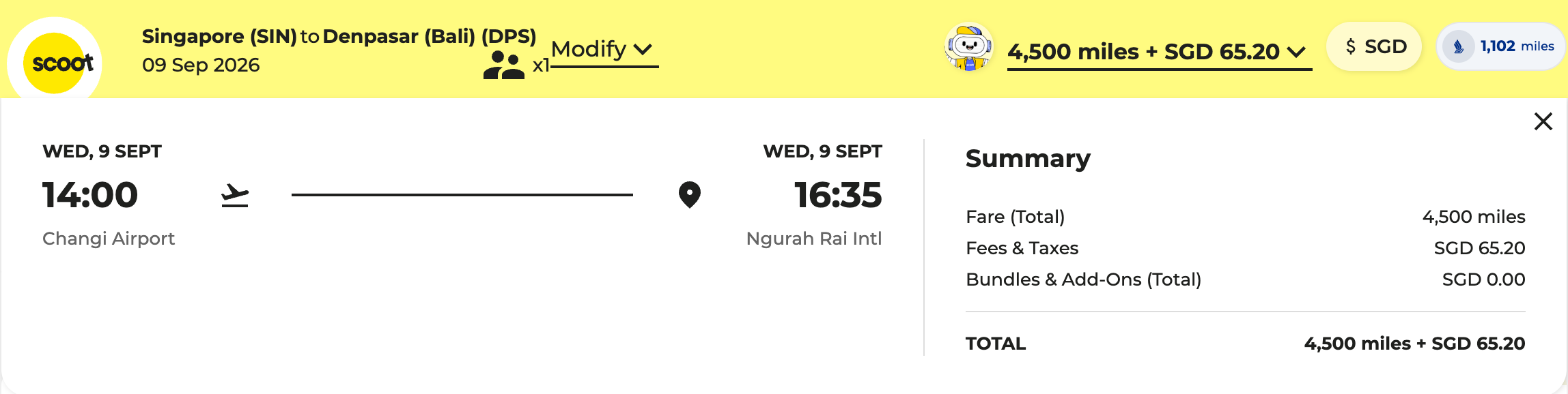 Scoot Singapore to Bali Saver award showing 4,500 miles plus SGD 65.20 in taxes