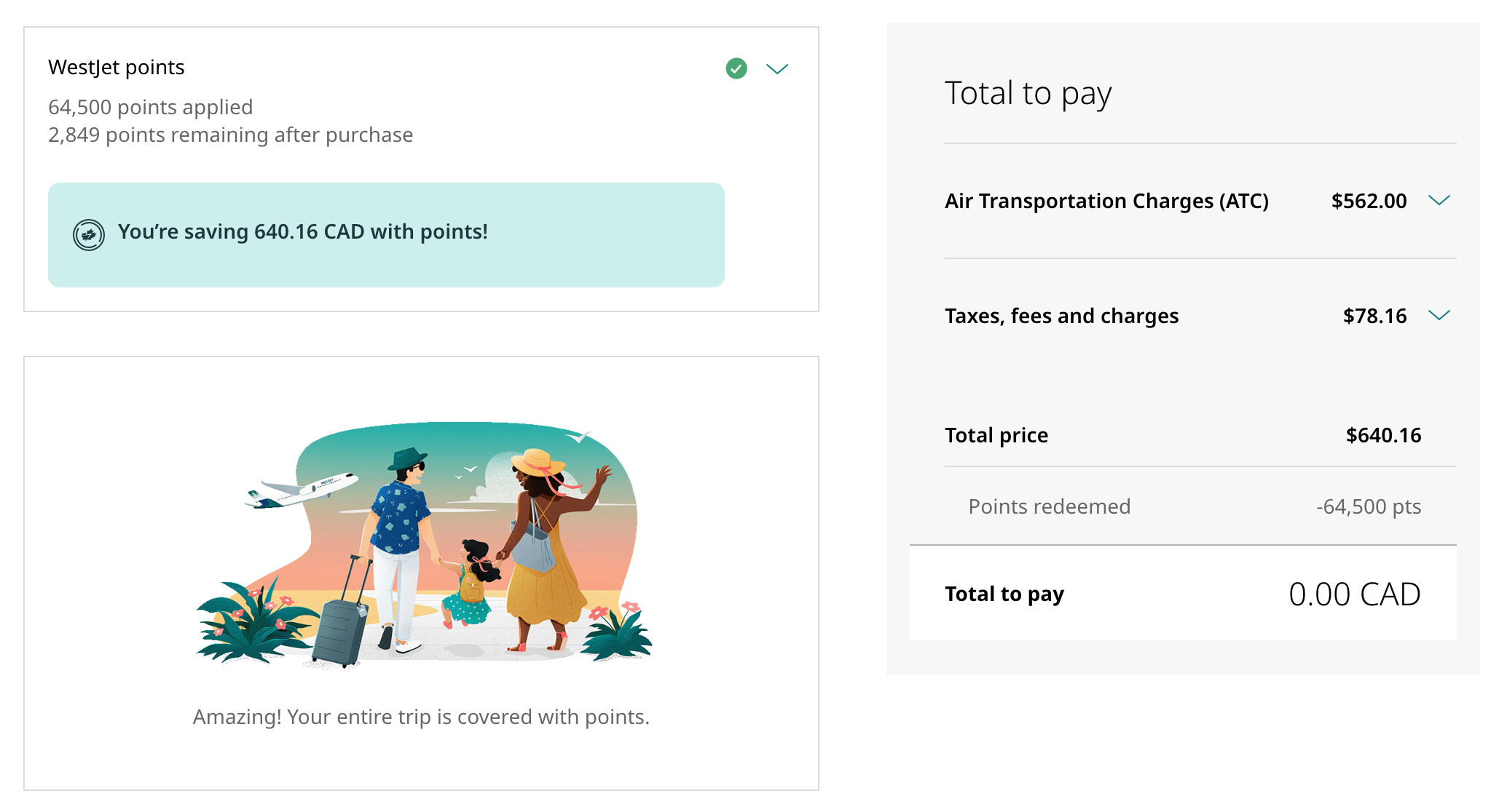 WestJet.com checkout showing 64,500 WestJet points covering the entire fare on a Copa Airlines booking