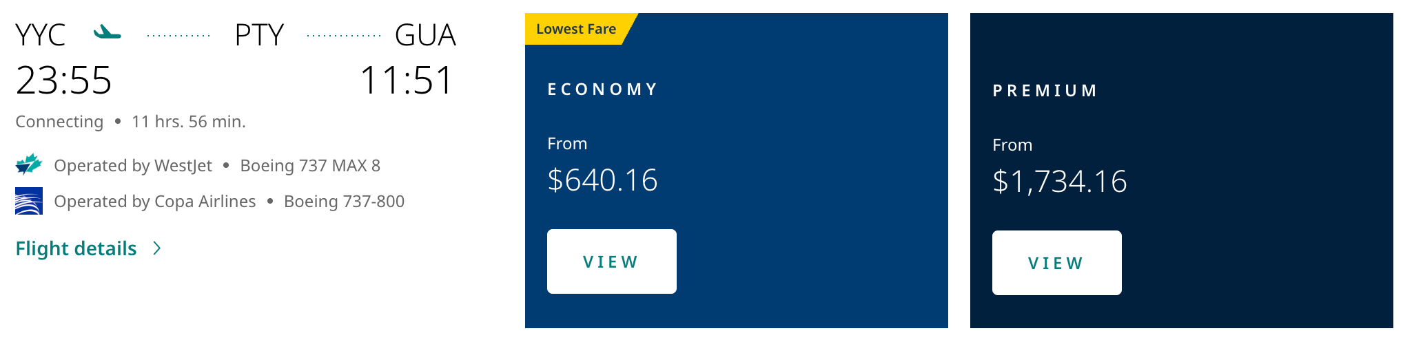 WestJet.com flight search showing Calgary to Guatemala City itinerary with WestJet operating Calgary to Panama City and Copa Airlines operating Panama City to Guatemala City