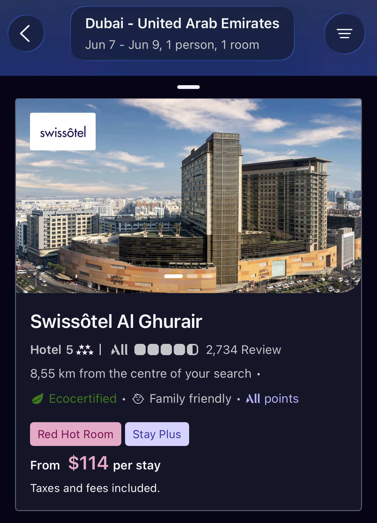 ALL Accor+ Explorer Stay Plus search results for Dubai showing participating UAE properties
