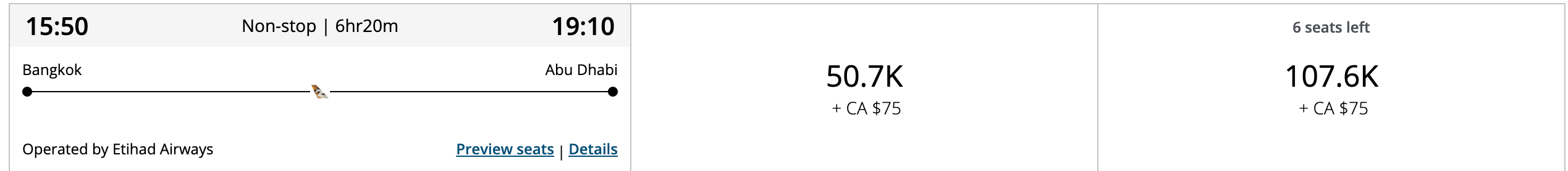 Aeroplan booking screen showing Etihad Bangkok to Abu Dhabi economy at 50,700 points plus $75 CAD