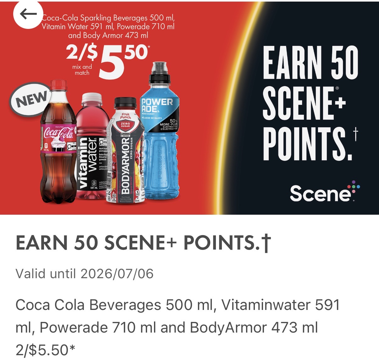 Shell Go+ promotion: earn 50 Scene+ points on Coca-Cola, Vitaminwater, Powerade, and BodyArmor beverages