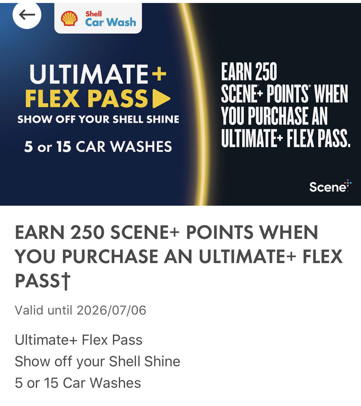 Shell Go+ promotion: earn 250 Scene+ points on an Ultimate+ Flex Pass car wash