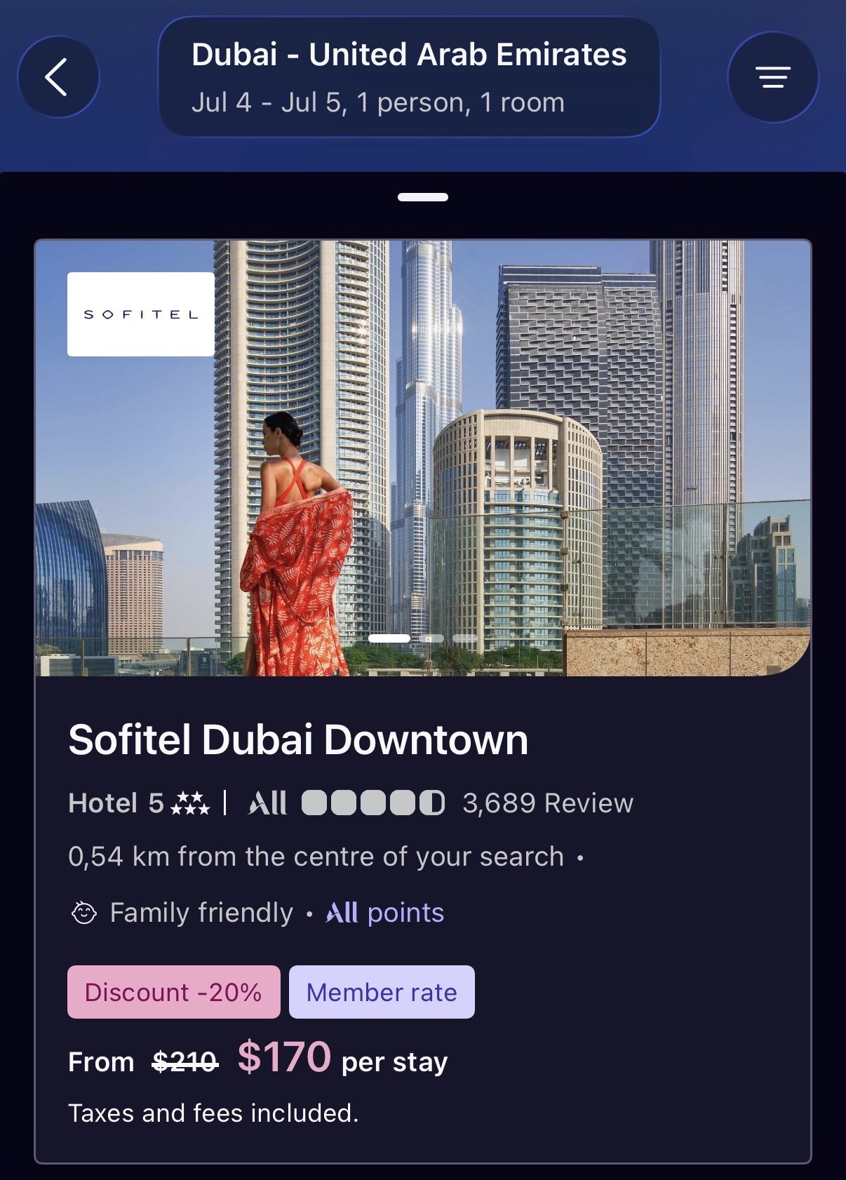 Sofitel Dubai Downtown property listing with ALL Accor+ Explorer member rate