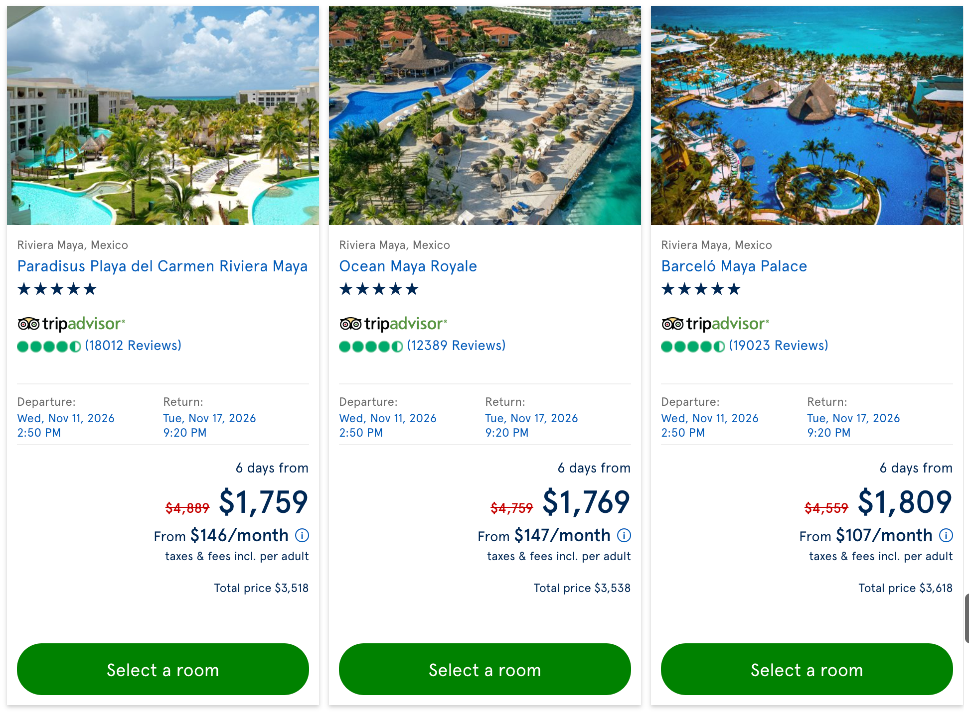 Transat package booking screen showing Riviera Maya all-inclusive resort options