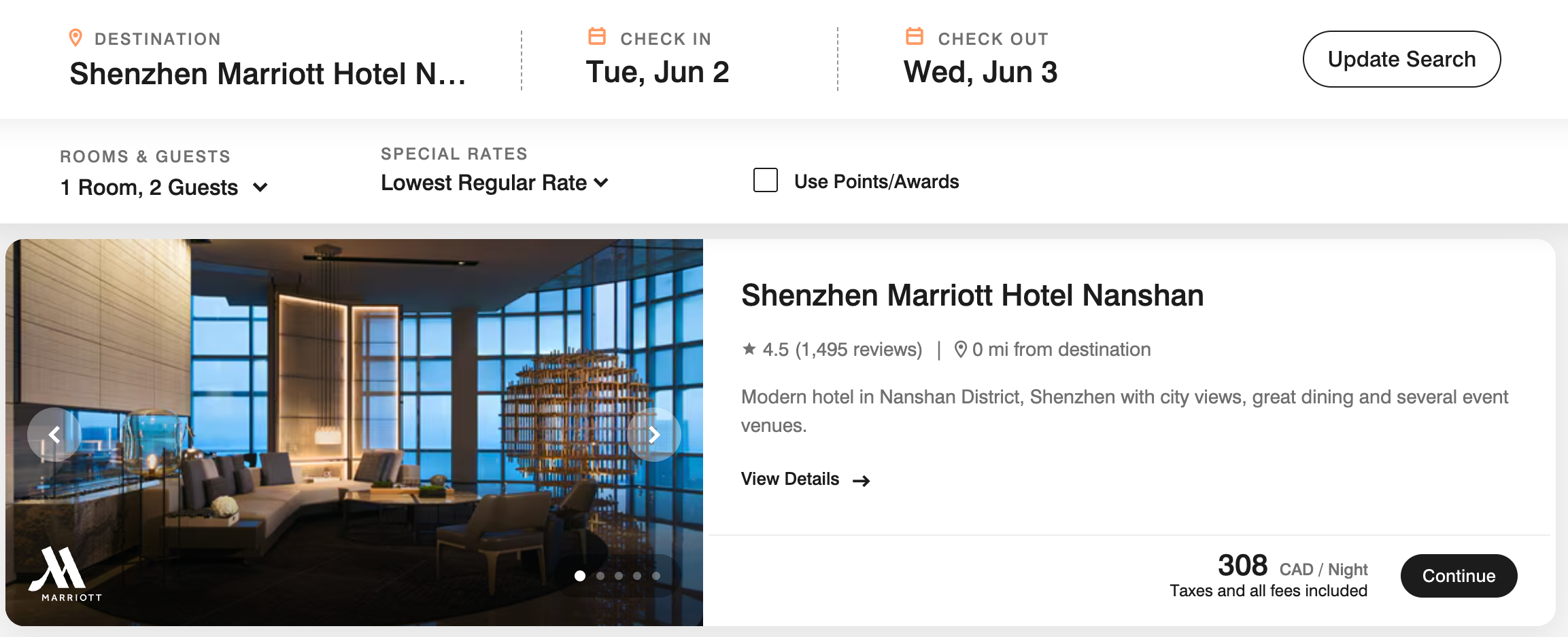 Marriott.com listing for Shenzhen Marriott Hotel Nanshan showing CAD 308 per night for June 2-3, 2026