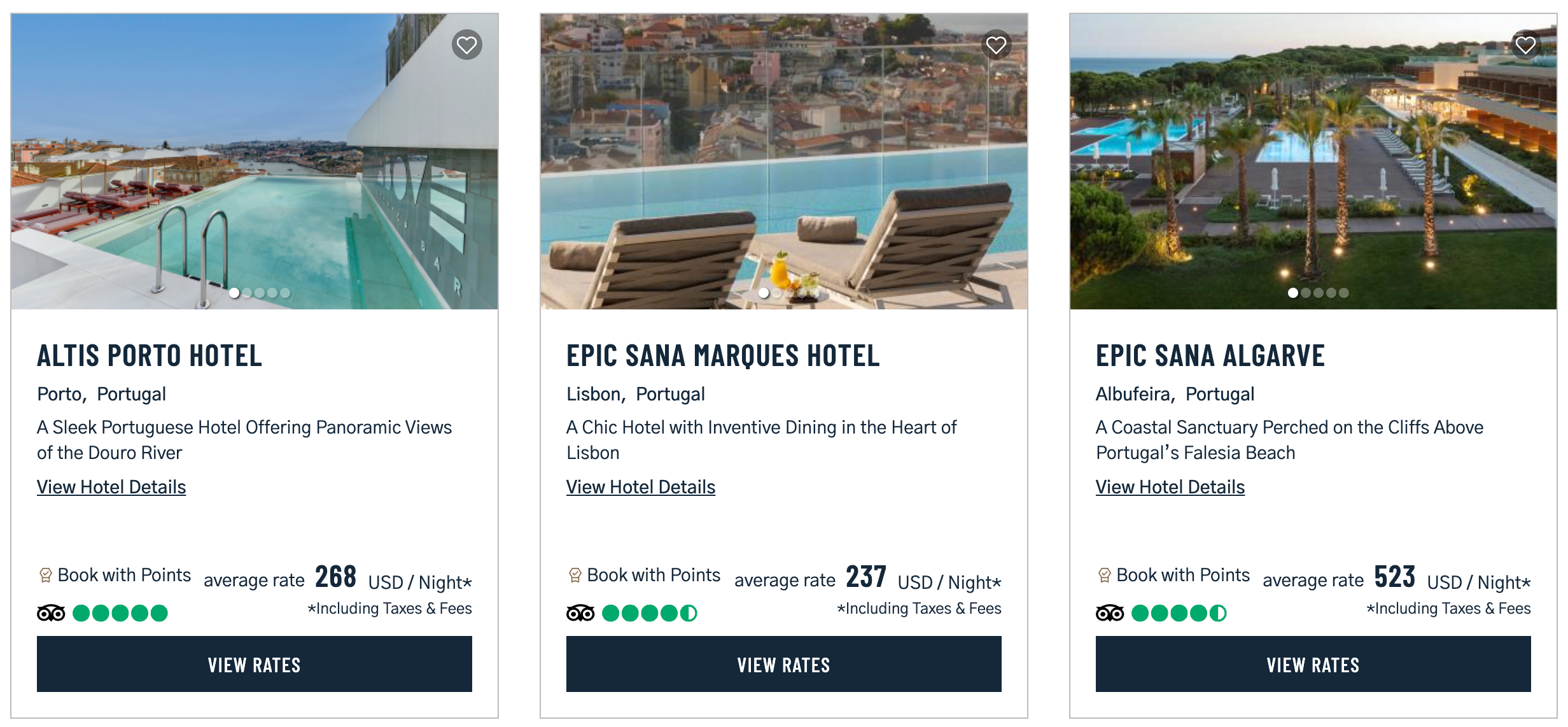 Three Preferred Hotels properties in Portugal: Altis Porto Hotel, Epic Sana Marques Hotel in Lisbon, and Epic Sana Algarve, with average nightly rates