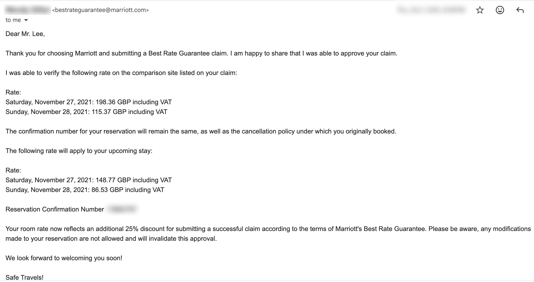 Marriott Best Rate Guarantee approval email