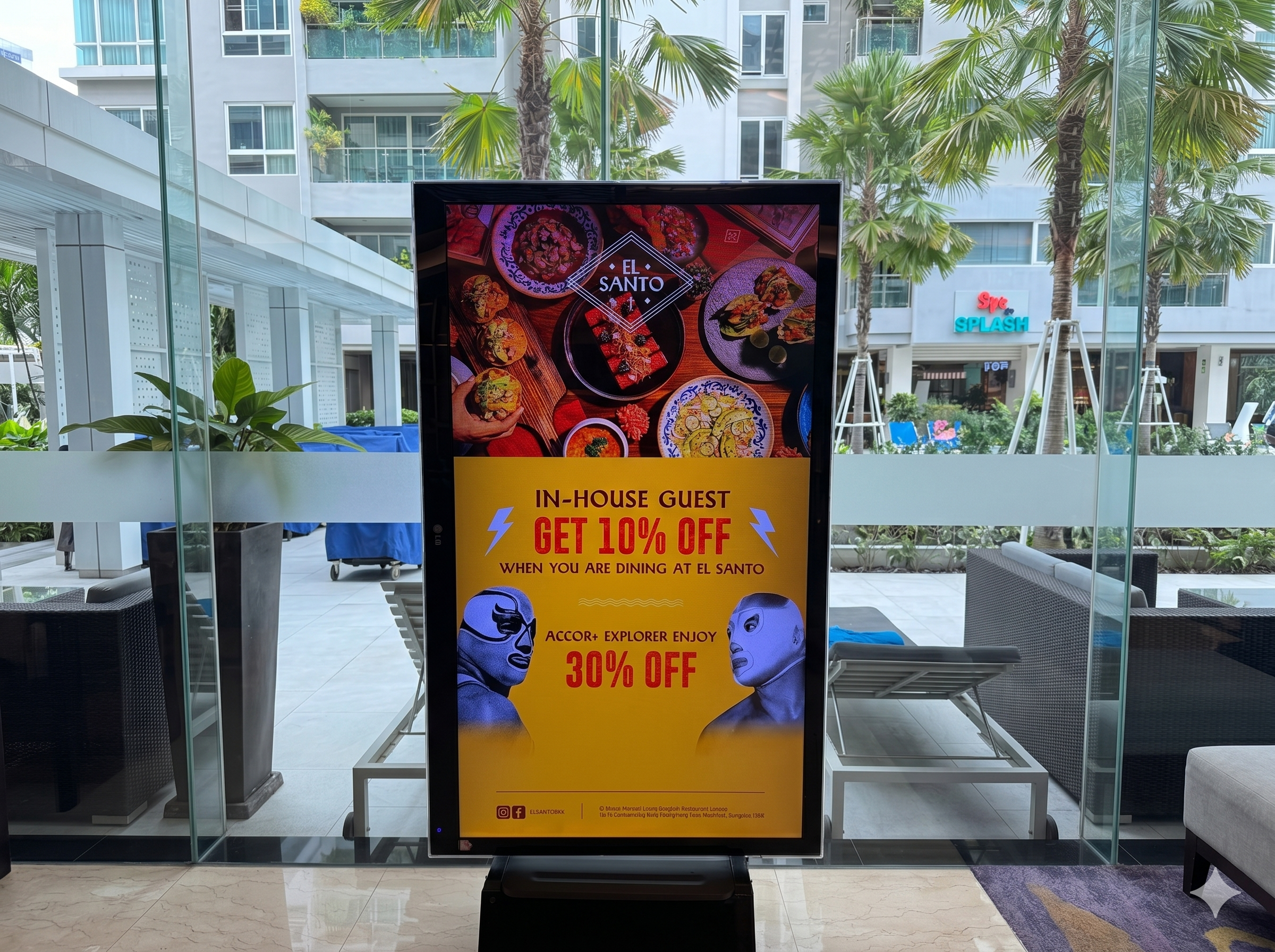 El Santo restaurant 30 percent discount sign for ALL Accor+ Explorer members at Novotel Living Bangkok Sukhumvit Legacy
