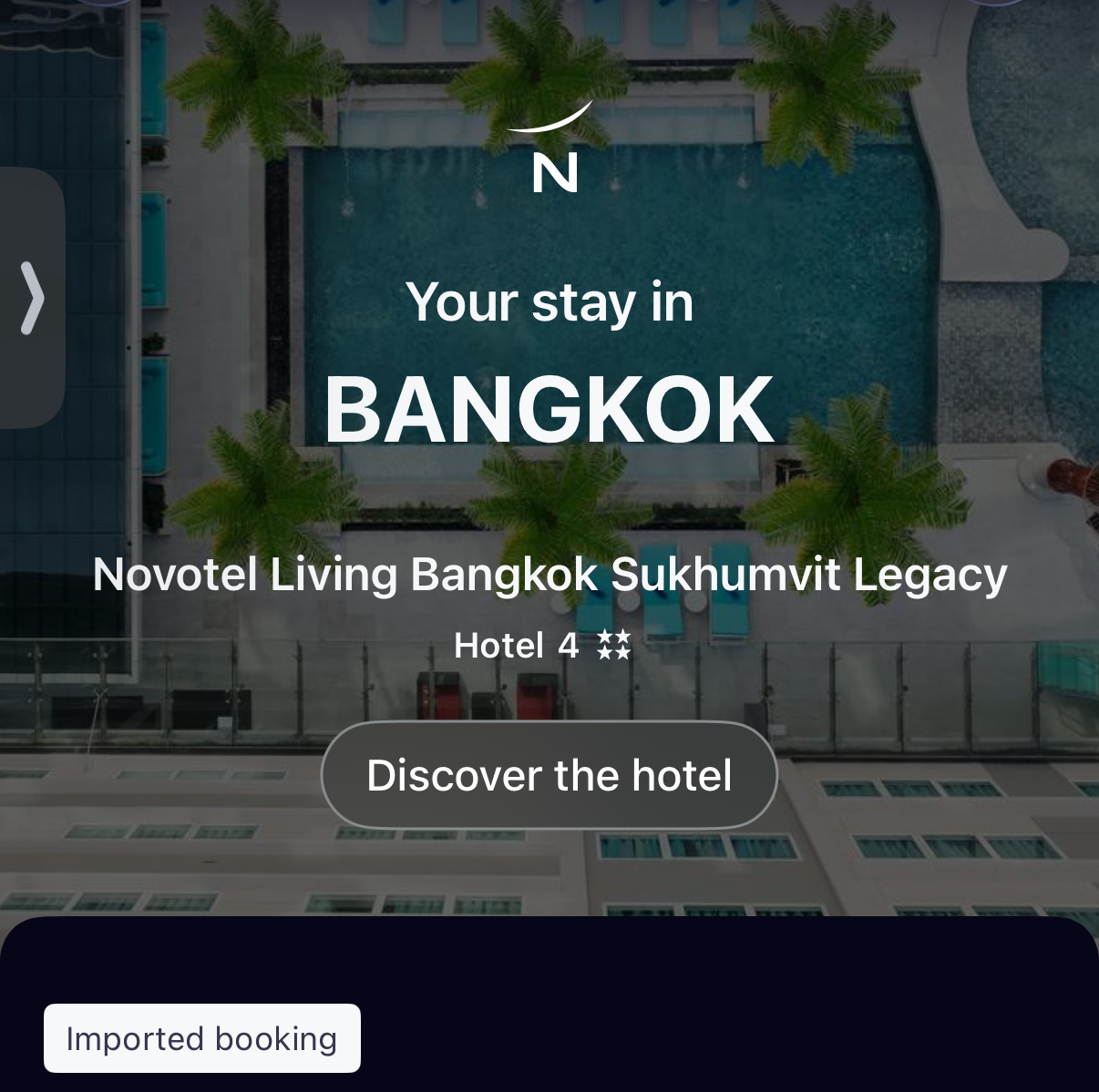 ALL Accor app importing the Novotel Living Bangkok Sukhumvit Legacy reservation with the Imported Booking badge