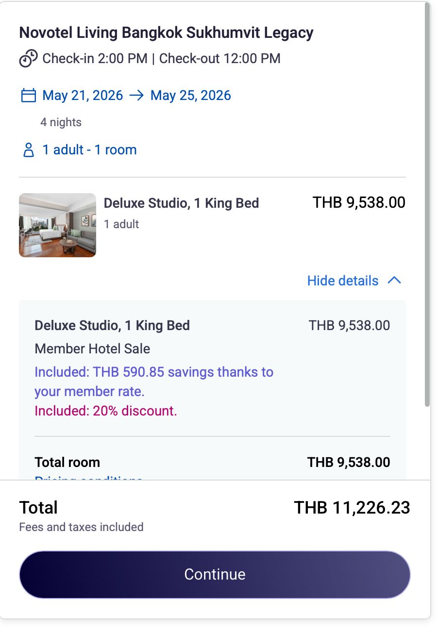Direct booking on Accor showing THB 11,226.23 total for four nights at Novotel Living Bangkok Sukhumvit Legacy